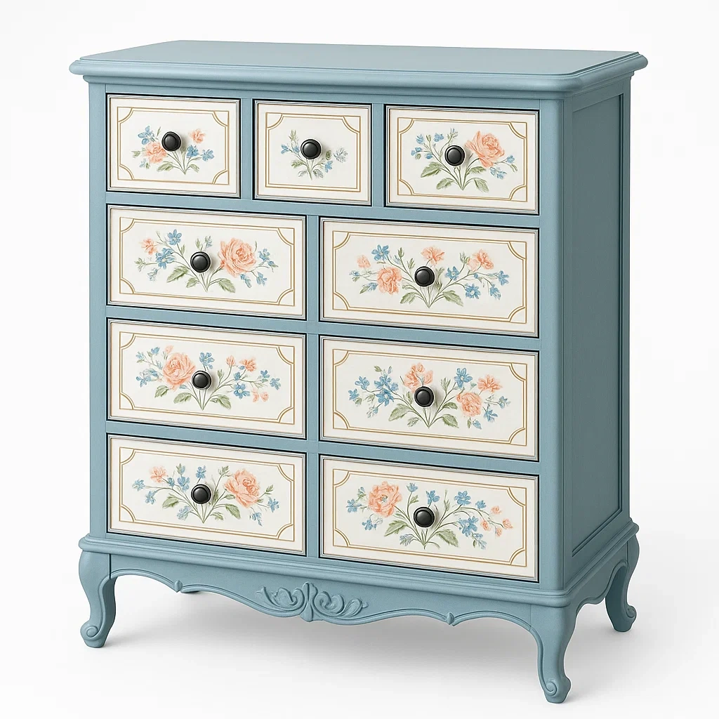 Commode en bois avec tiroirs floraux bleus et crèmes-LUXFUR NITA