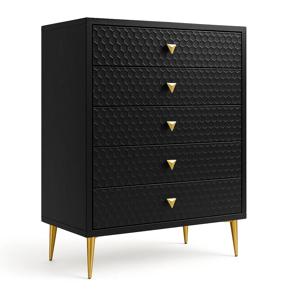 Commode à cinq tiroirs en bois noir avec poignées dorées-LUXFUR NITA
