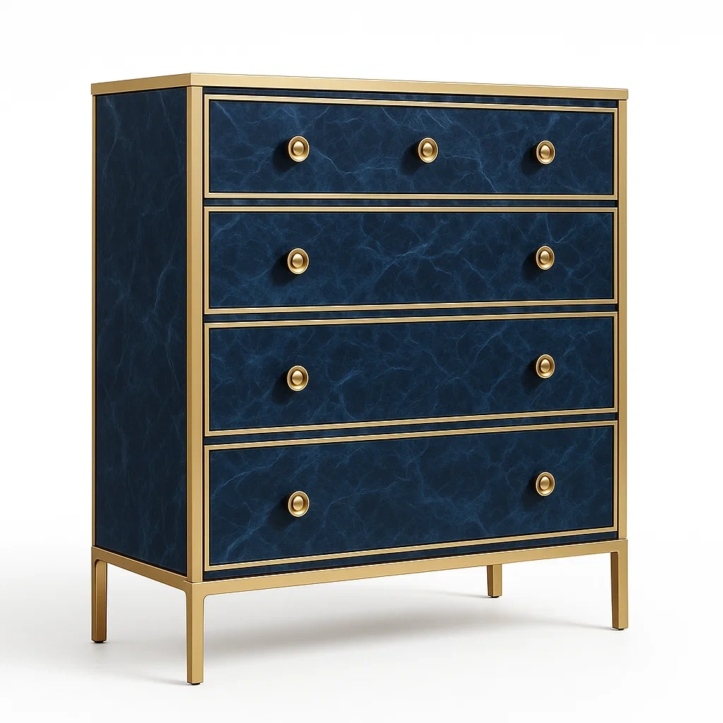Commode à 4 tiroirs en métal et bois, Bleu foncé et Doré-LUXFUR NITA