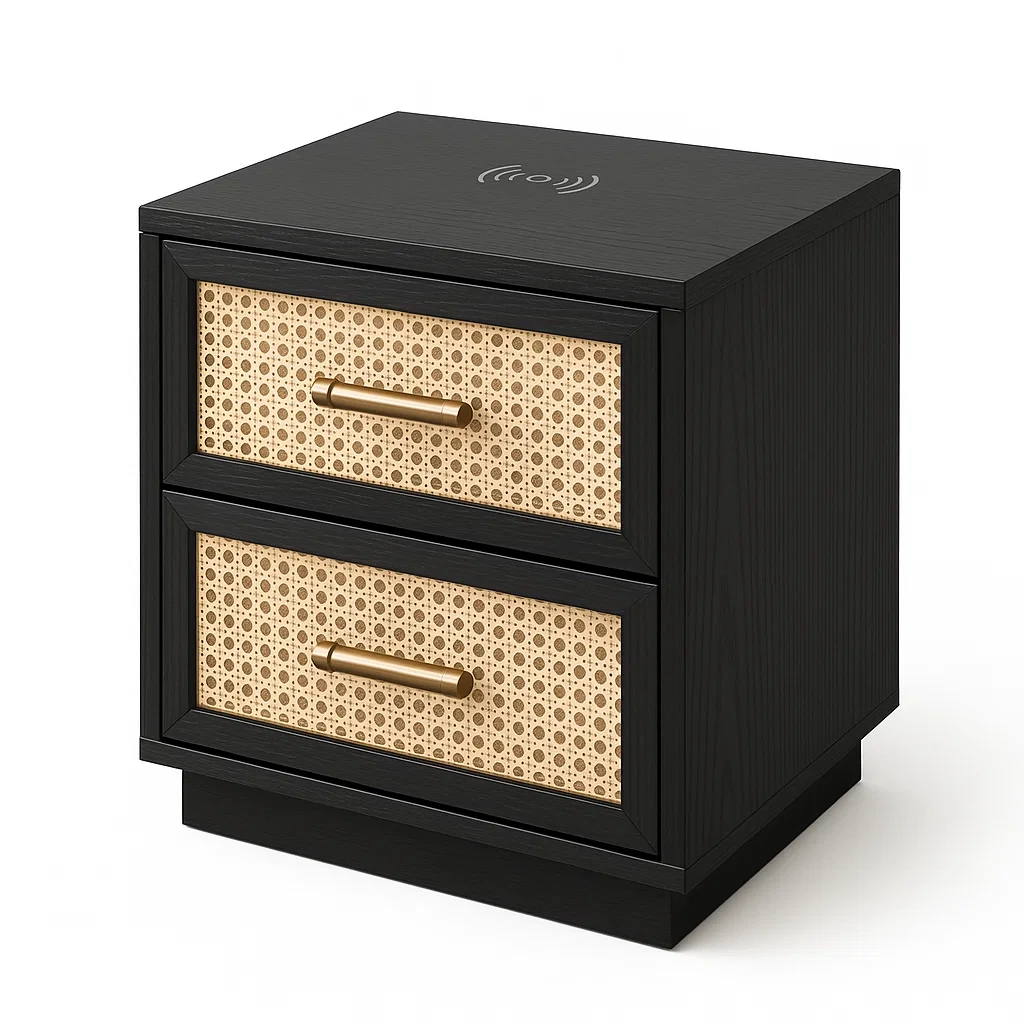 Table de chevet en Bois et Rotin avec chargeur sans fil-LUXFUR NITA
