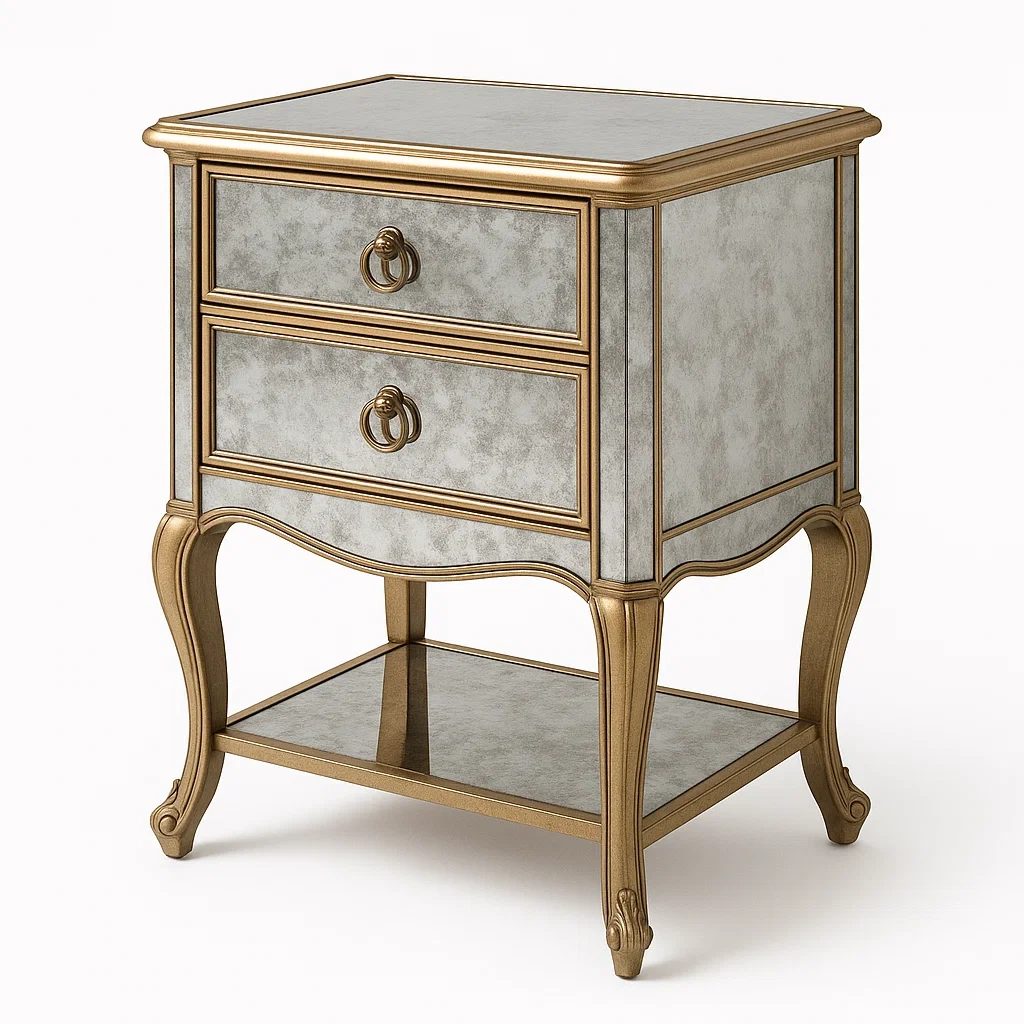 Table de chevet en bois doré et verre argenté-LUXFUR NITA