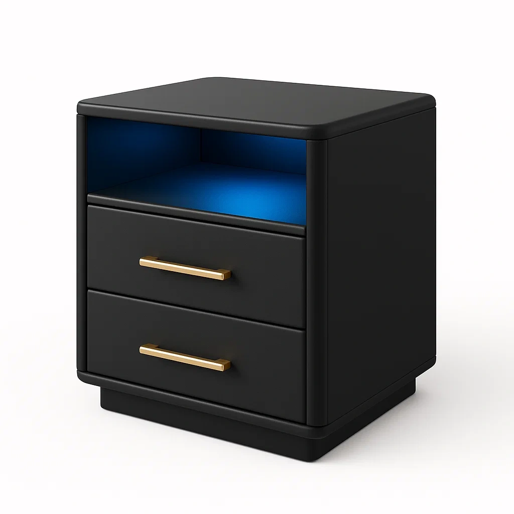 Table de chevet en bois avec éclairage LED et poignées en métal-LUXFUR NITA