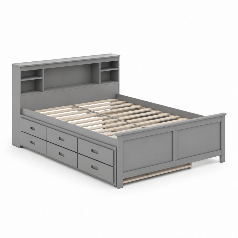 Letto Contenitore in Legno Grigio con Testiera Libreria