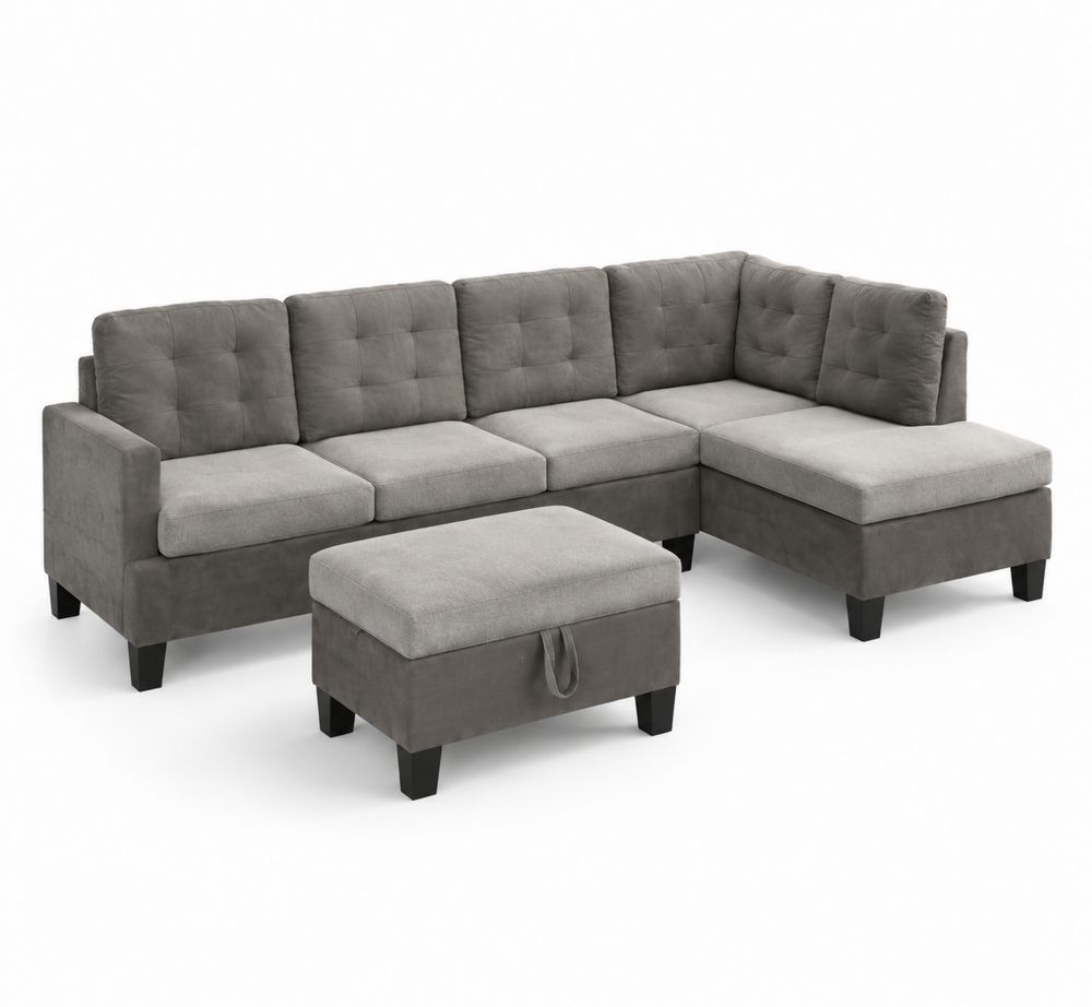 Divano a L Grigio in Tessuto Poliestere con Pouf Removibile