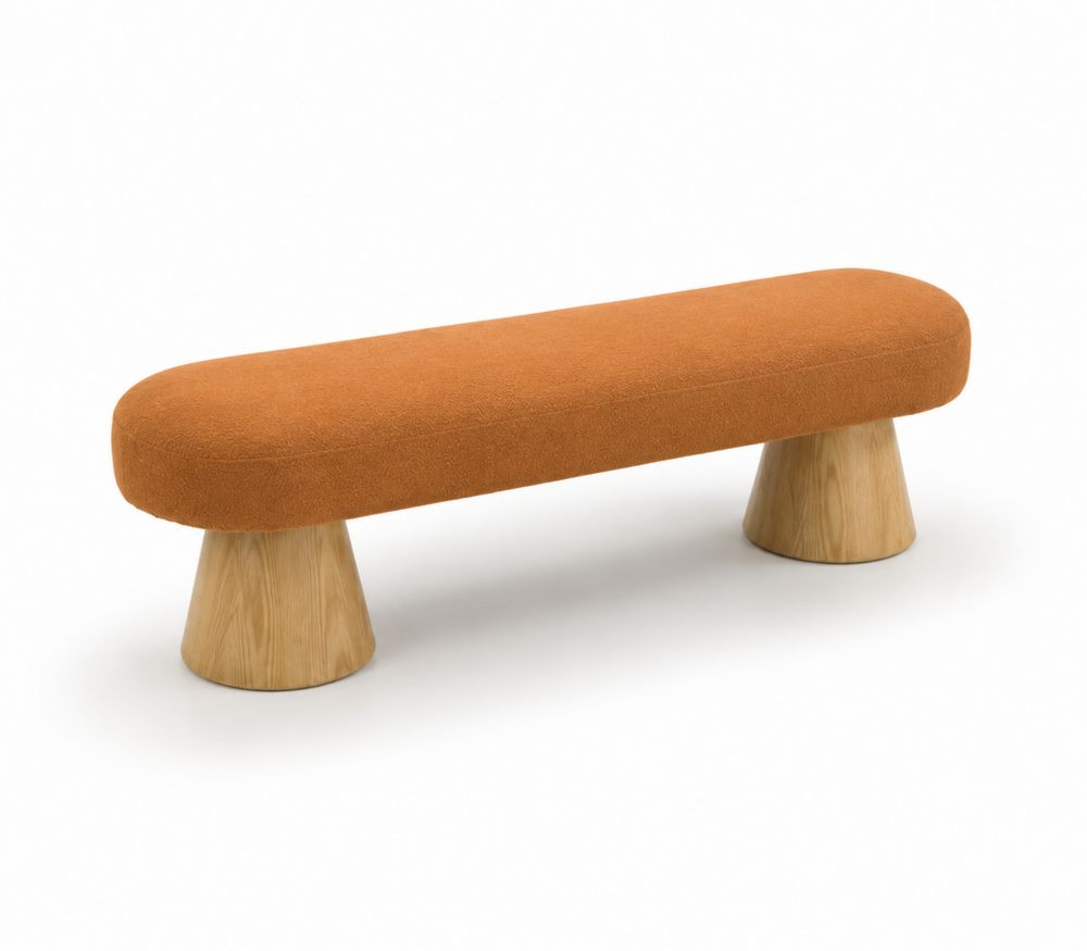 Panca in tessuto arancione con gambe in legno di rovere