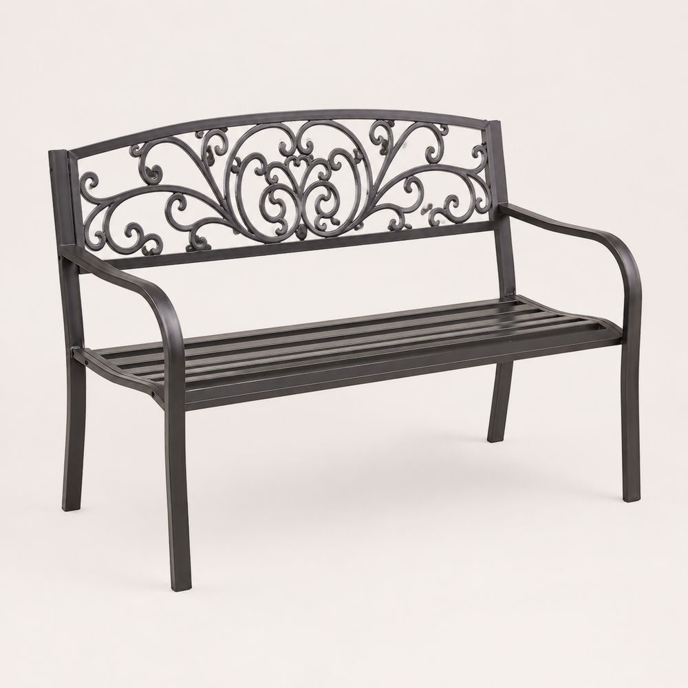 Panca da giardino in metallo nera con schienale decorativo