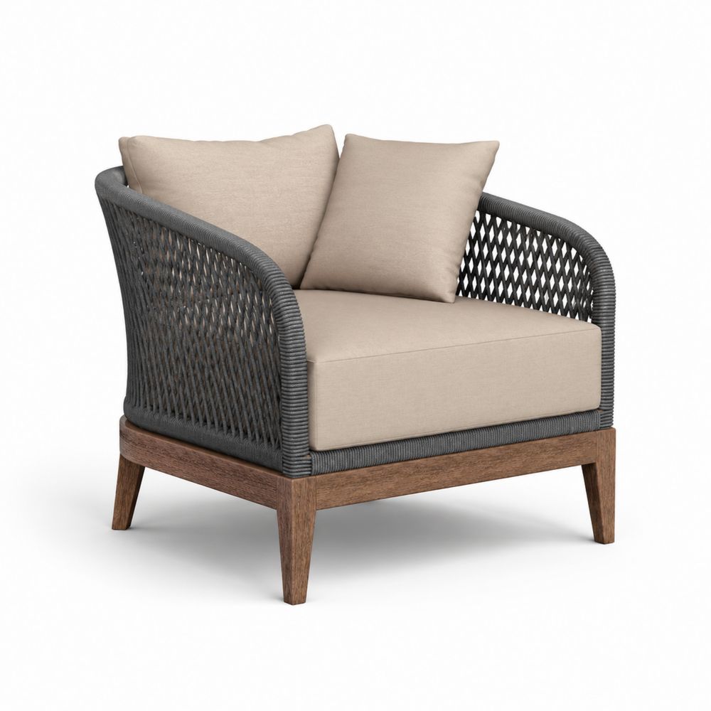 Poltrona in Legno e Corda Poliestere Beige con Cuscini