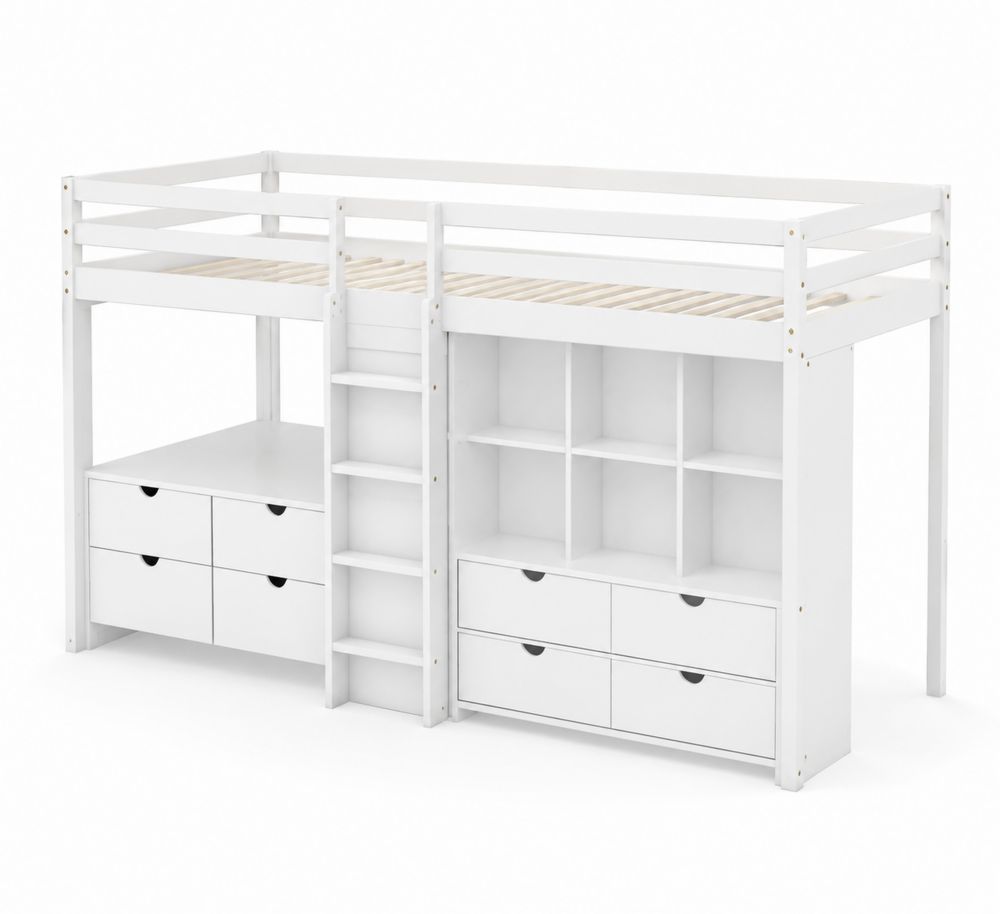Letto a soppalco in legno con cassetti e scaffali