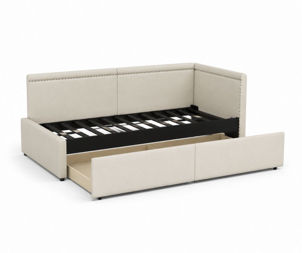 Letto angolare con cassetti in tessuto di poliestere Beige