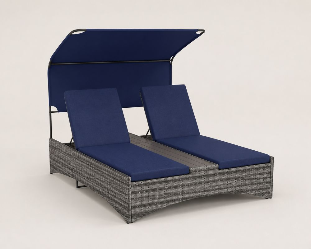 Lettino prendisole doppio in rattan con cuscini blu