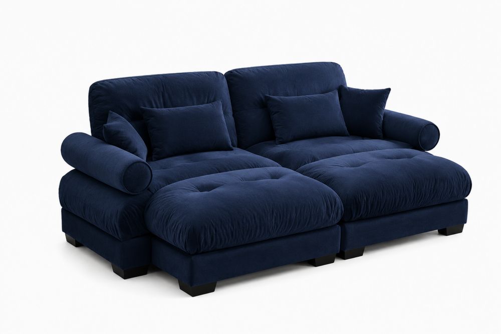 Divano modulare in velluto blu con struttura in legno e gambe in plastica