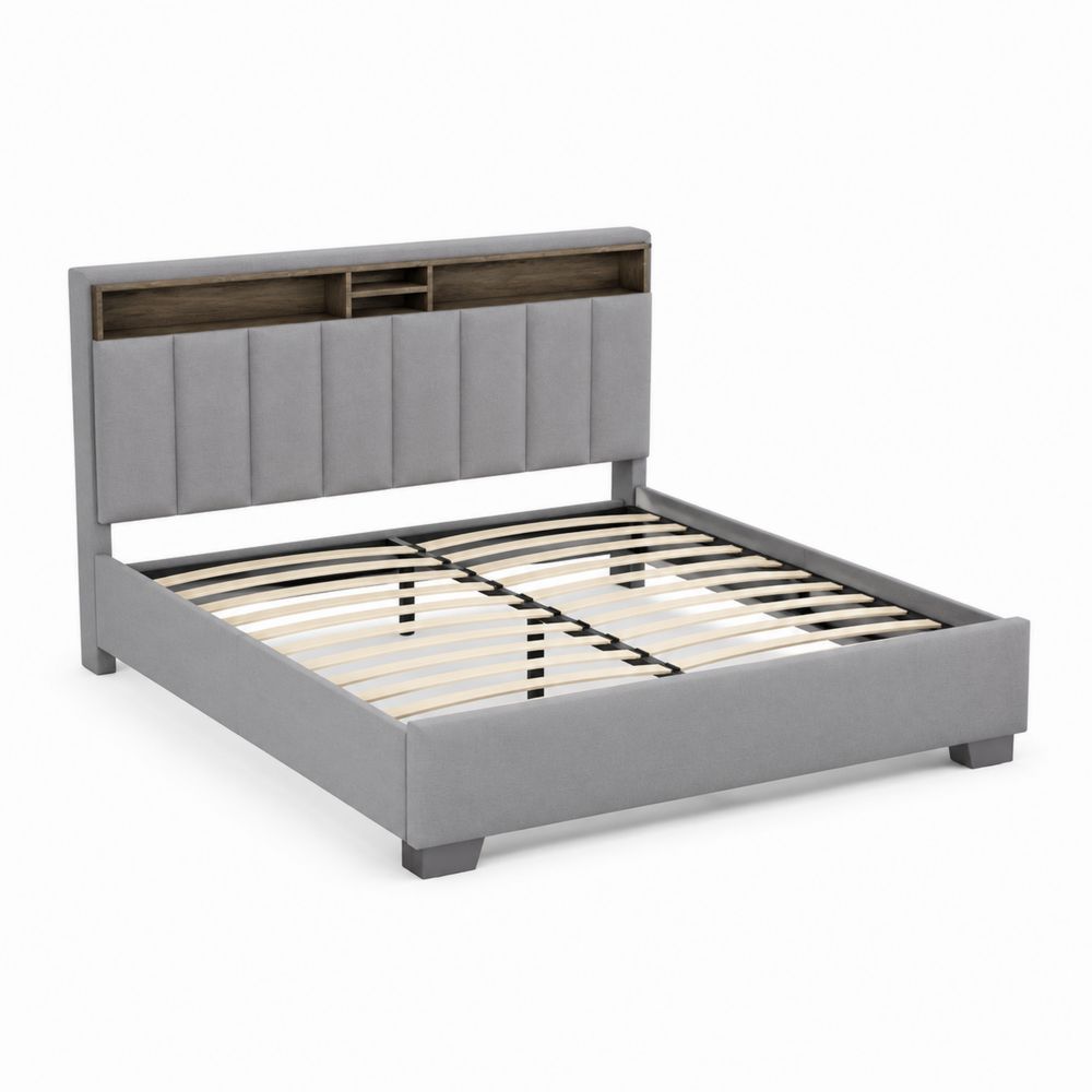 Letto in Tessuto Grigio con Testiera e Mensole