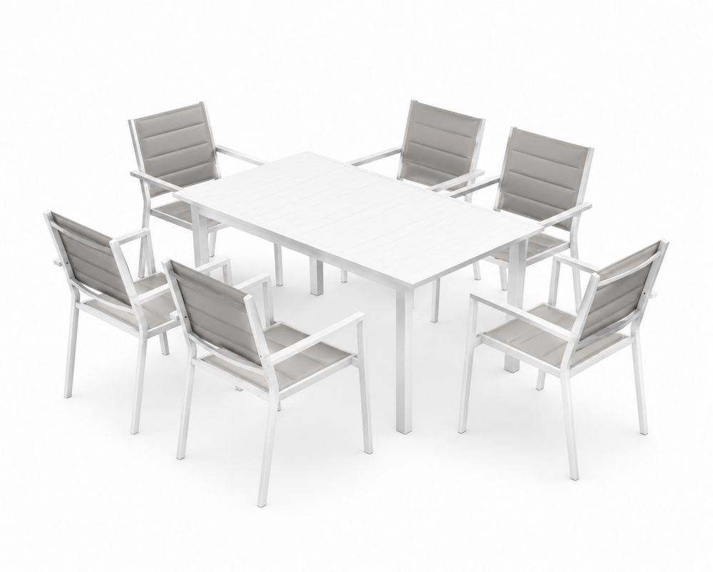 Set tavolo da pranzo per esterni in alluminio bianco con 6 sedie grigie imbottite