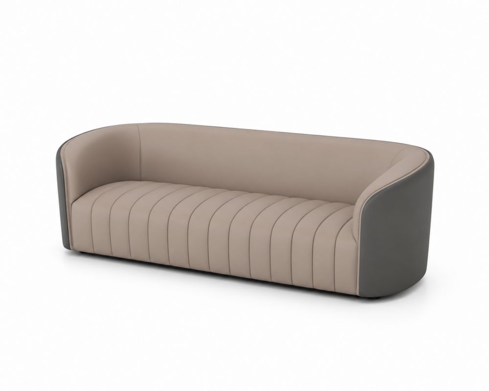 Divano curvo in legno e pelle sintetica beige e grigio 210x90x80 cm