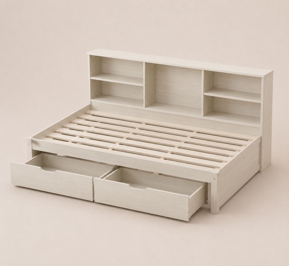 Letto Singolo in Legno con Libreria e Cassetti Bianco
