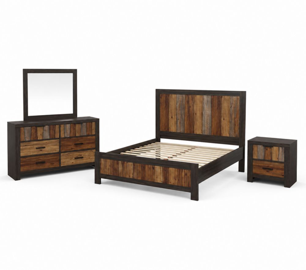 Set letto in legno massello, comodino, cassettiera con specchio