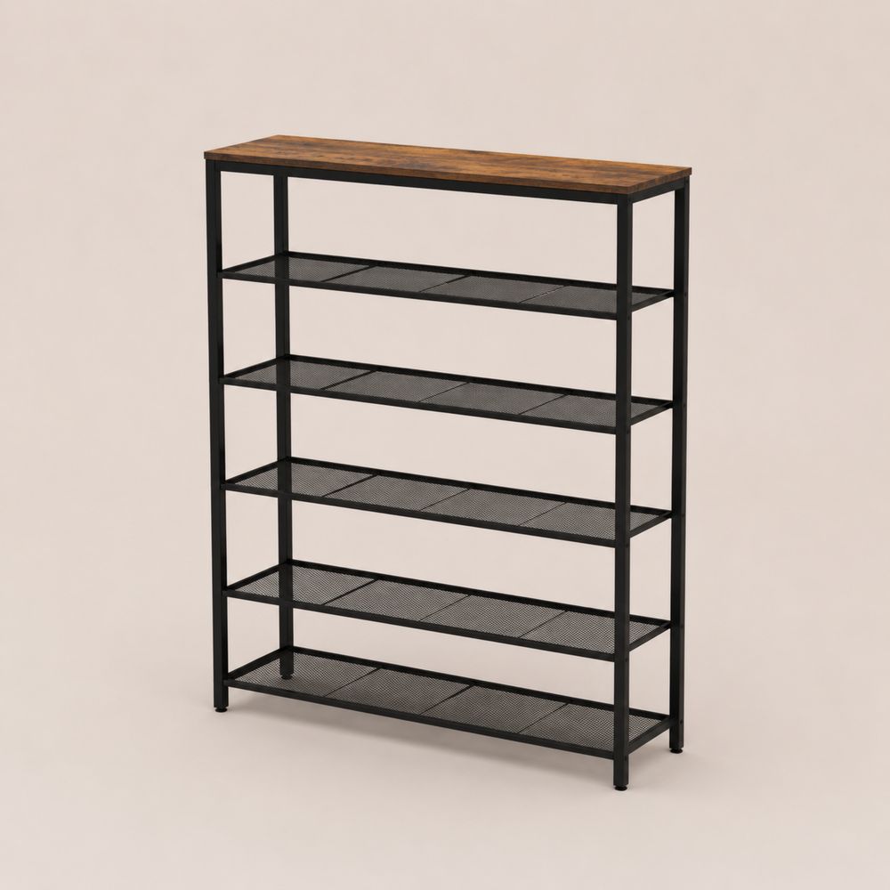 Scarpiera in Metallo Nero con Ripiano in Legno