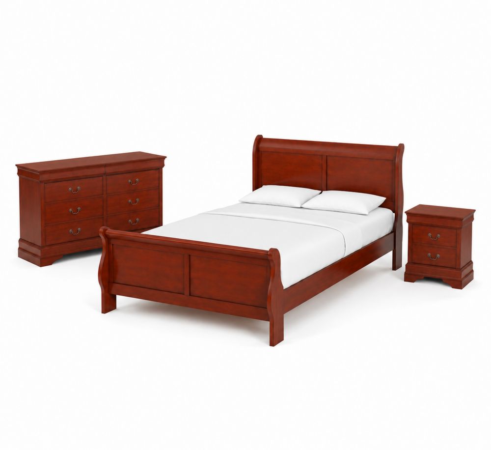 Set camera matrimoniale in legno con letto, comodini e cassettiera