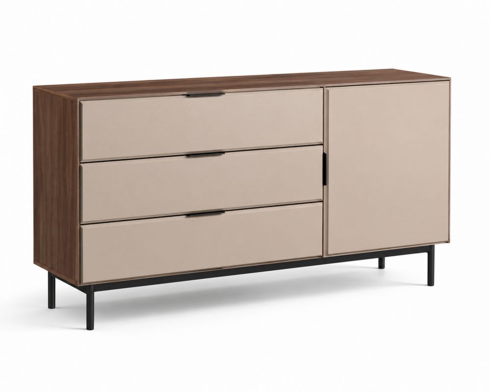 Credenza con Tre Cassetti e Anta in Legno Noce e Pannelli Beige