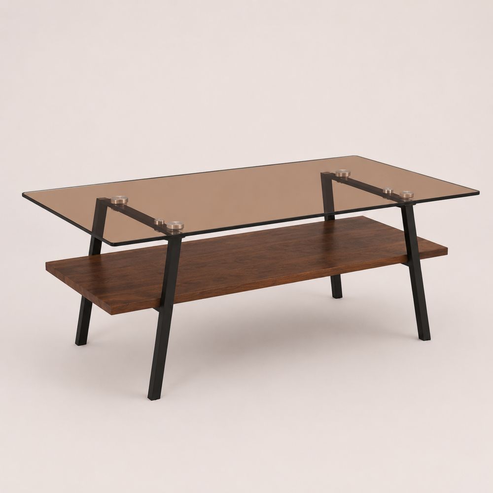 Tavolino in vetro temperato e noce con struttura in metallo nero 110x60x45 cm