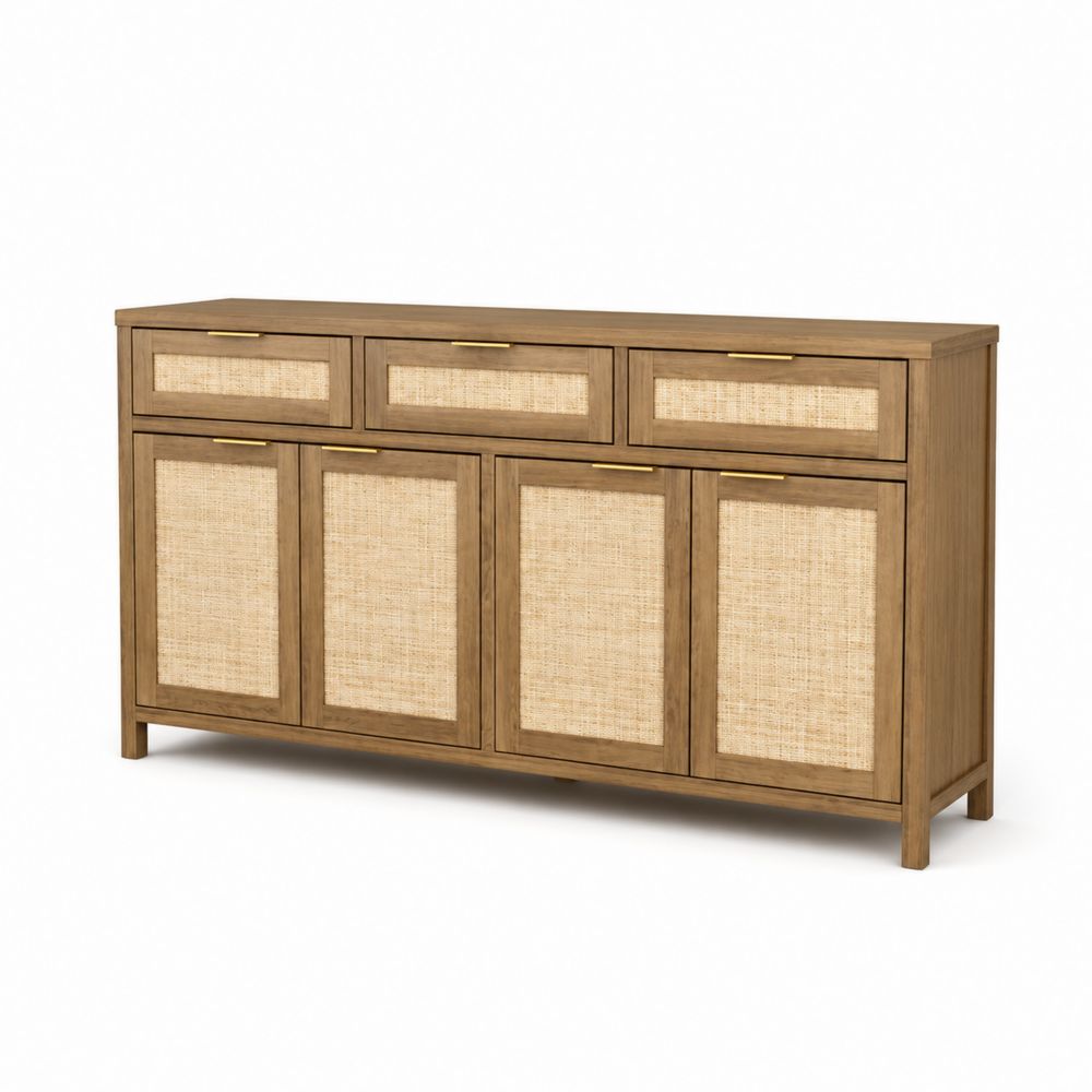 Credenza in Legno e Rattan con Cassetti e Ante