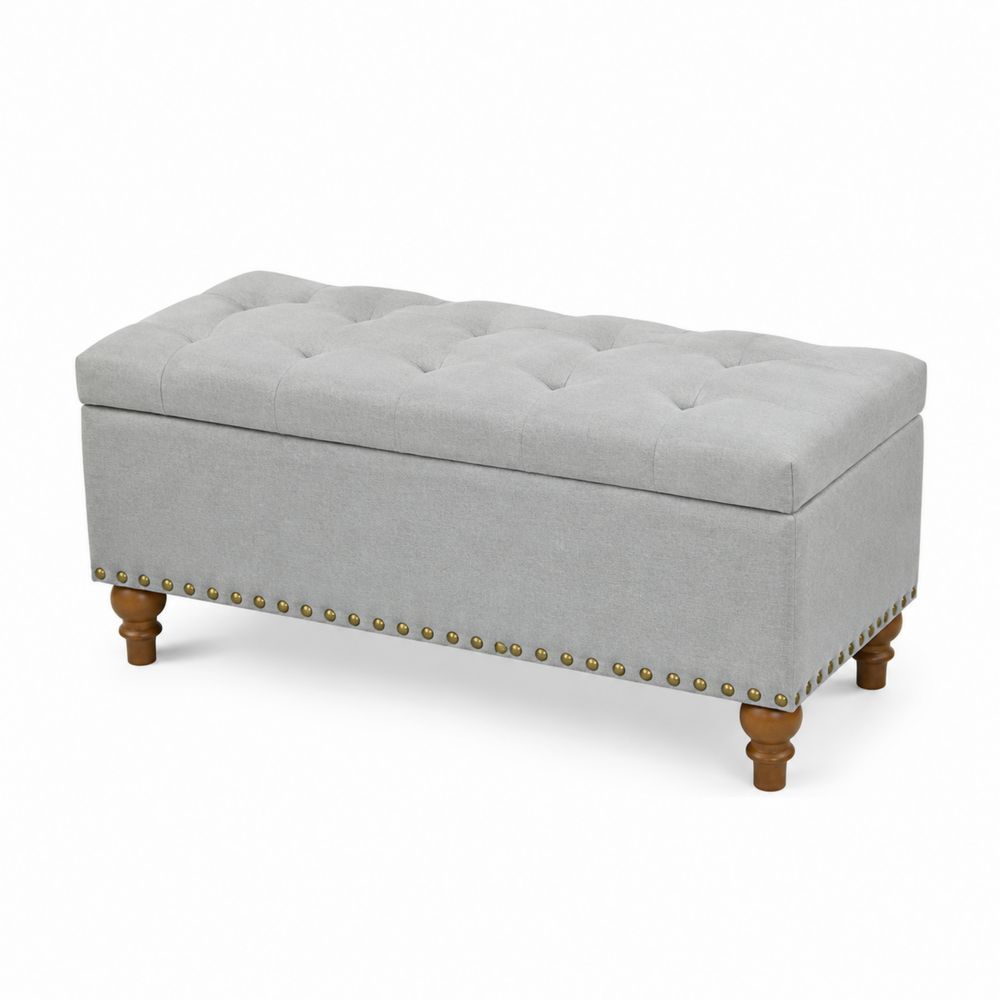 Panca contenitore rettangolare in tessuto grigio con gambe in legno