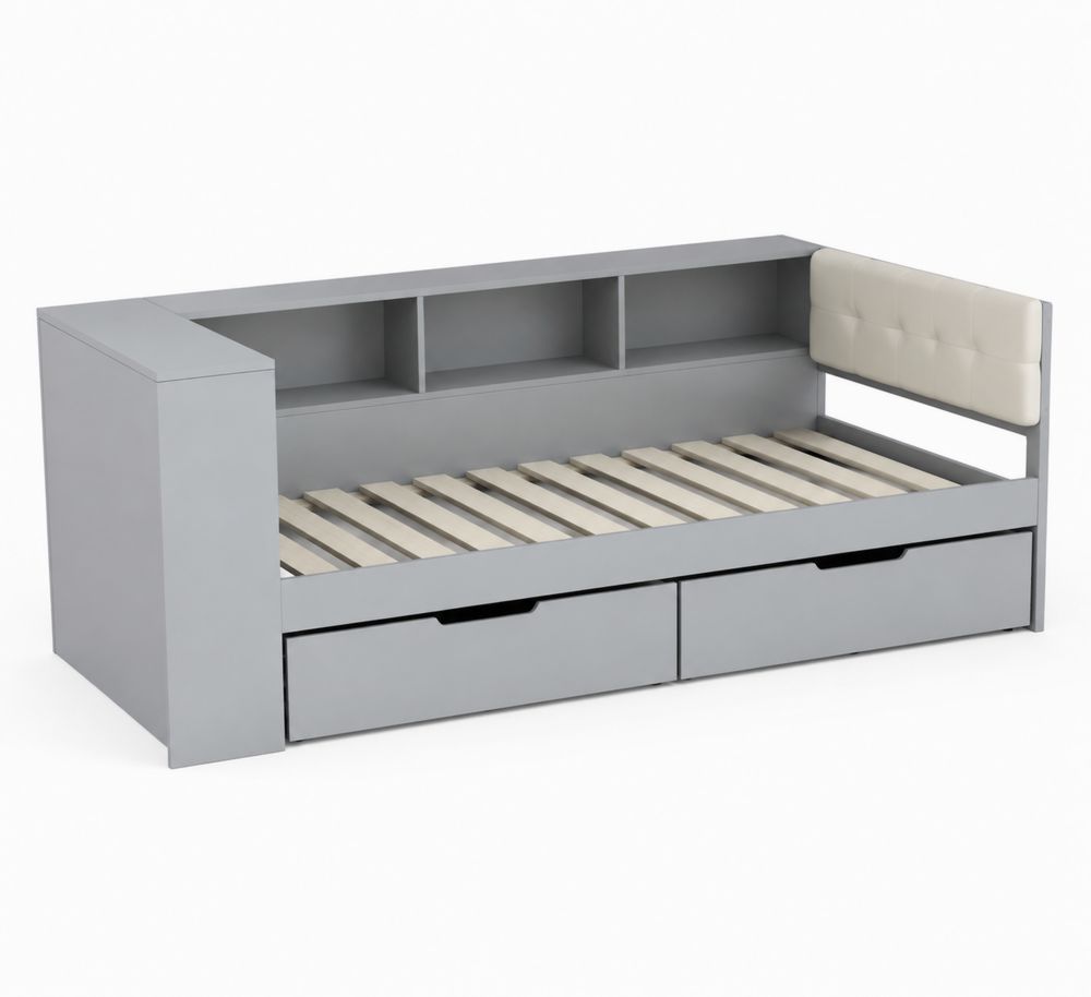 Letto da giorno in legno con cassetti e scaffali grigio e bianco