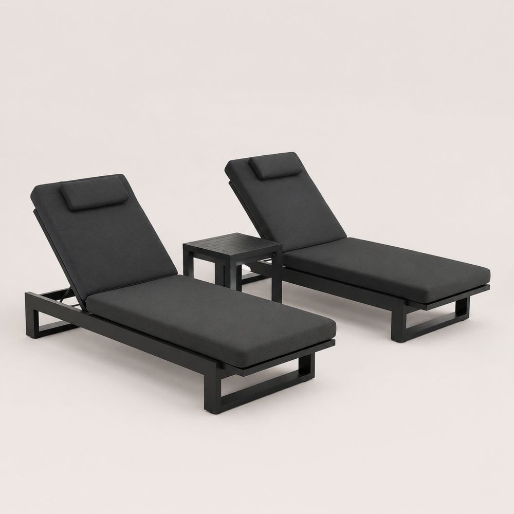 Set di 2 Lettini in Alluminio e Tessuto Nero con Tavolino