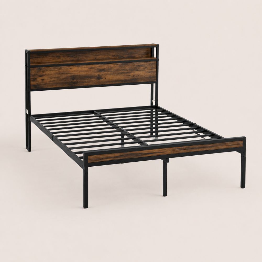 Letto in Metallo con Testata in Legno, 200x160 cm, Nero/Marrone