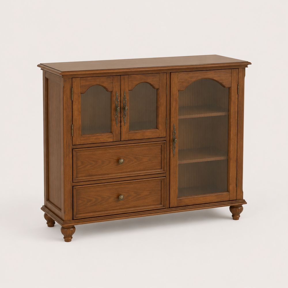 Credenza in Legno Massello con Ante in Vetro Temperato e 2 Cassetti