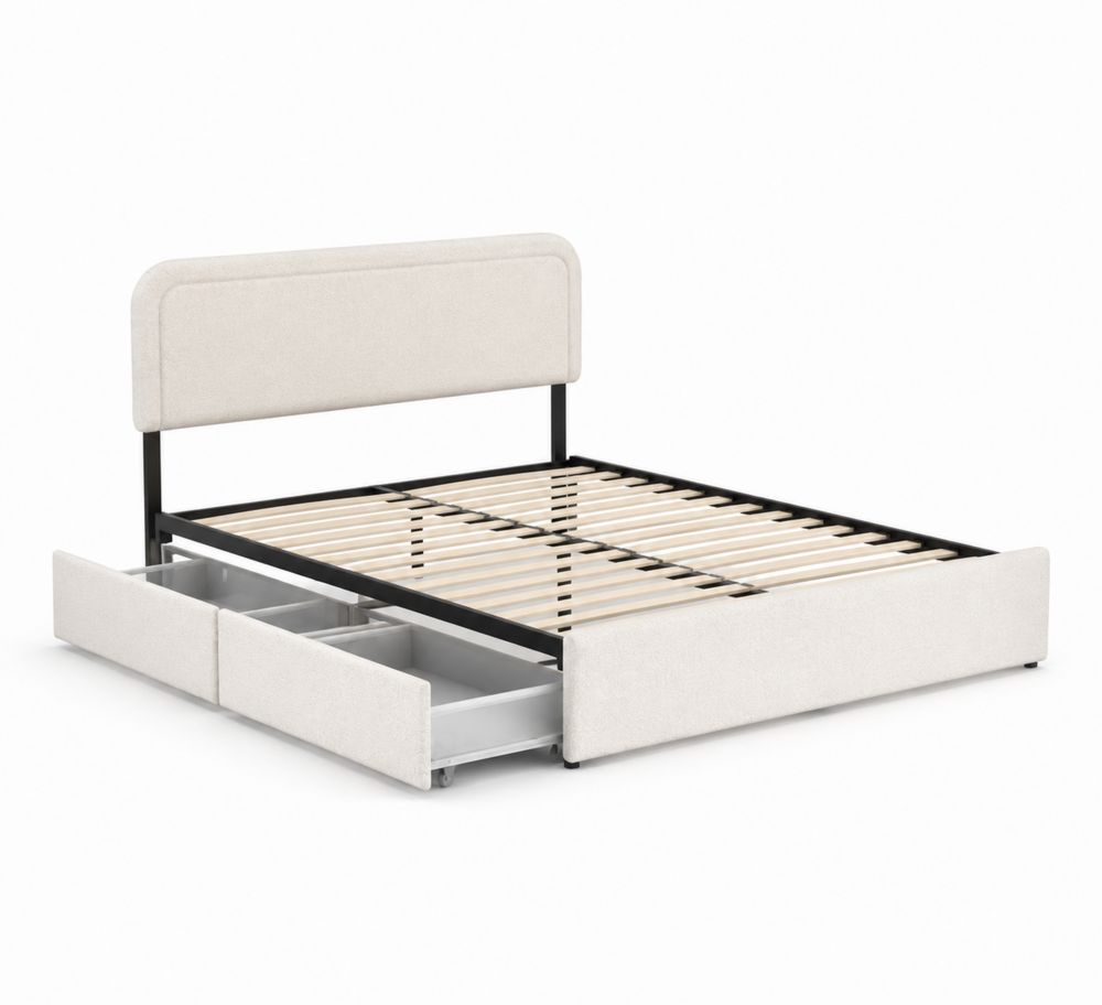 Letto Matrimoniale con Struttura in Metallo e Cassetti in Tessuto Beige