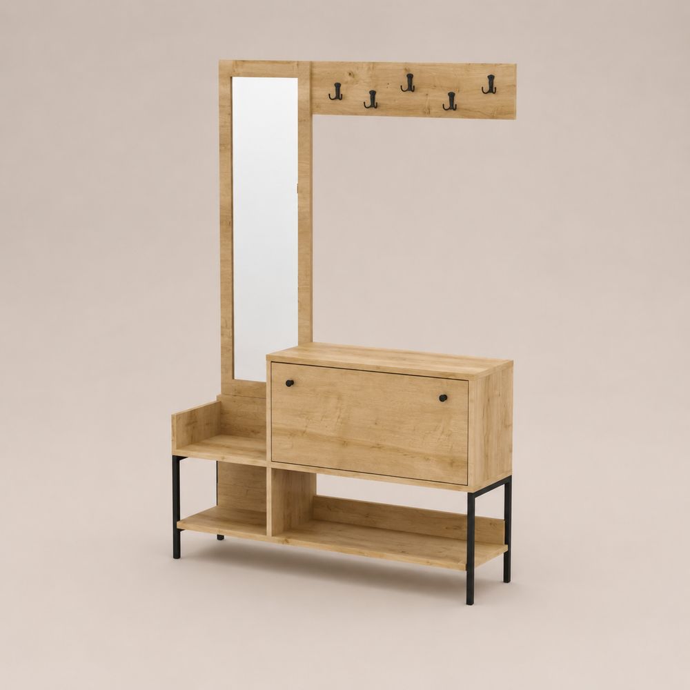 Appendiabiti con Scarpiera e Specchio in Legno MDF Effetto Quercia e Acciaio