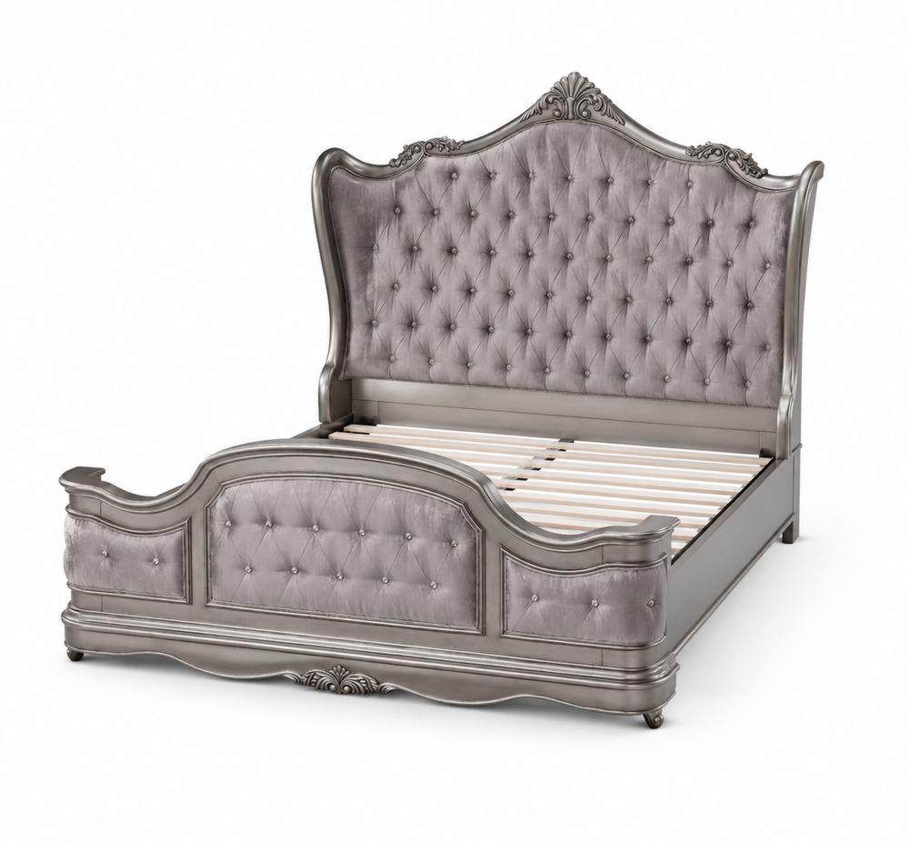 Letto matrimoniale in legno e velluto grigio con testiera capitonné 200x160 cm