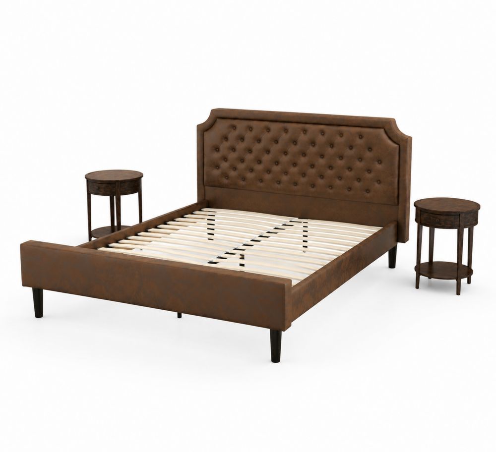 Letto in Ecopelle Marrone con Comodini Abbinati