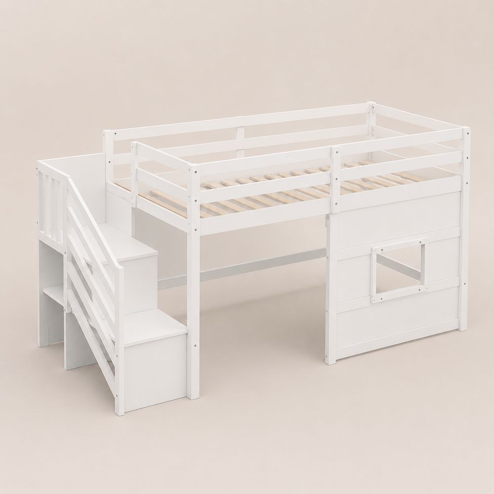 Letto a soppalco in legno bianco con scale 200x90 cm