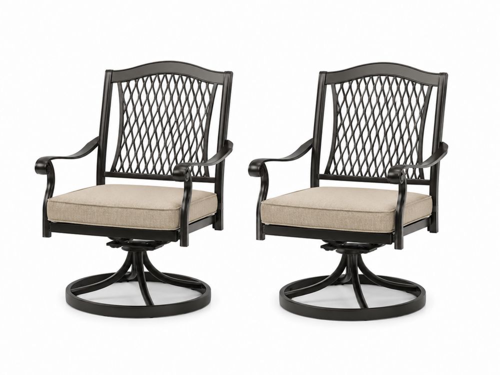 Set di 2 Sedie Girevoli in Alluminio Nero con Cuscini in Poliestere Beige
