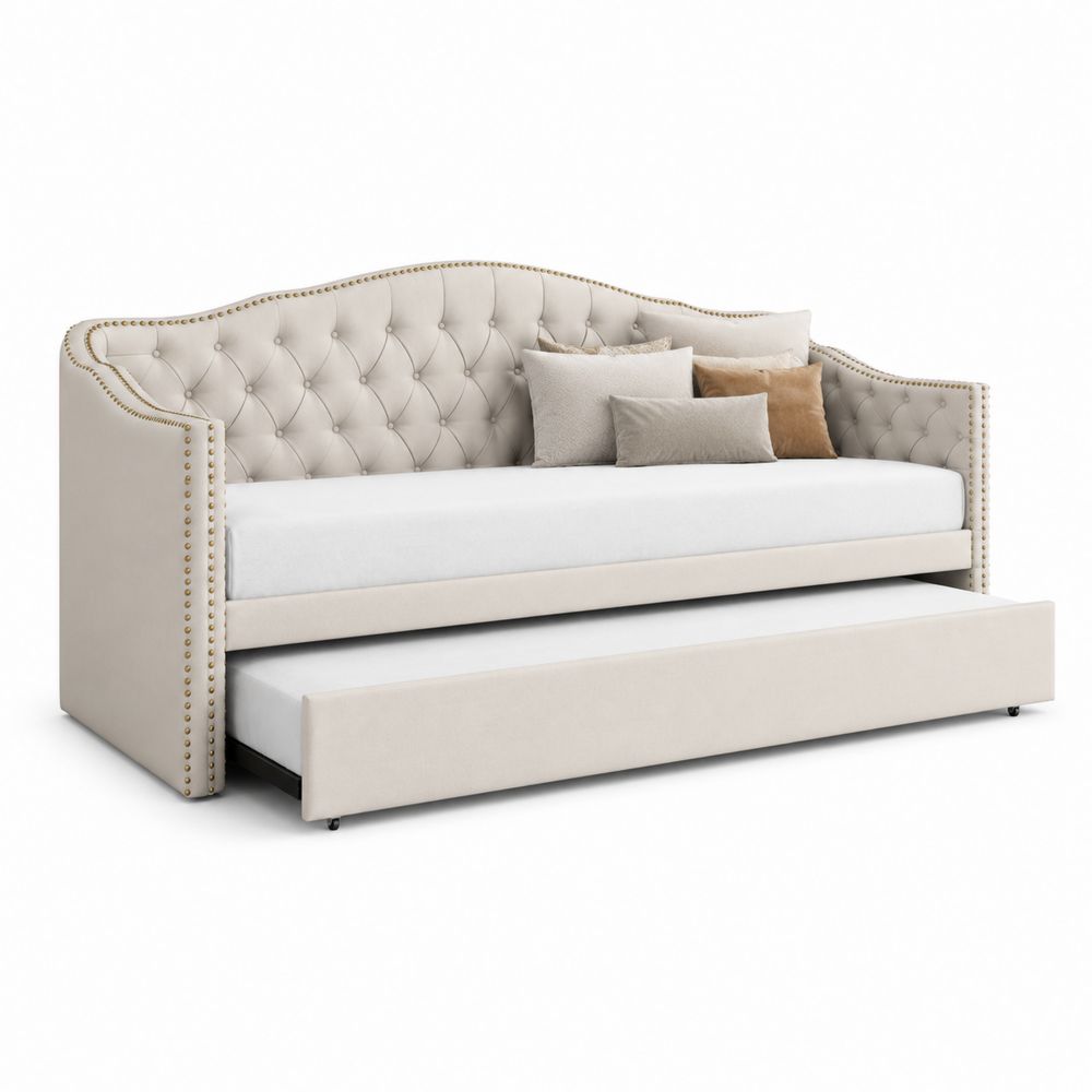 Divano Letto Beige in Lino con Letto Estraibile