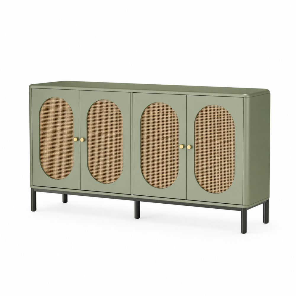 Credenza in Legno e Rattan Verde con Gambe in Metallo