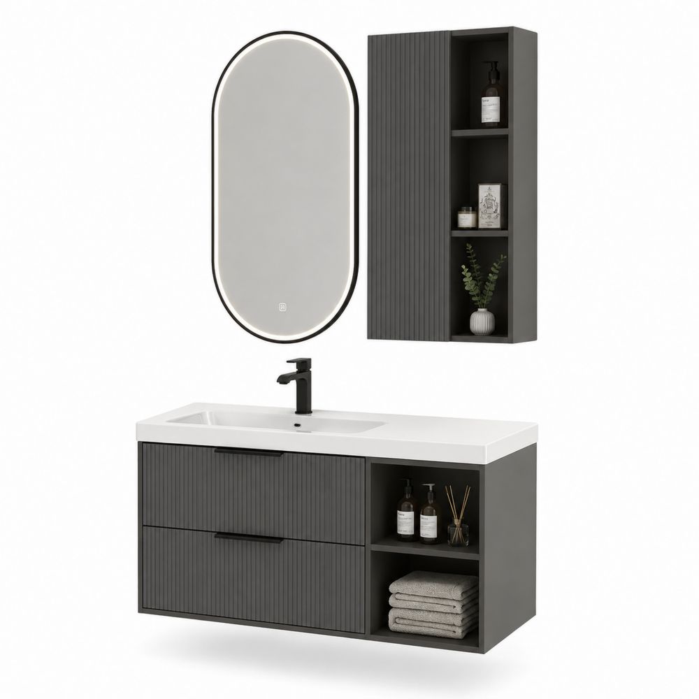 Mobile lavabo singolo rettangolare 100 cm MDF nero con specchio LED