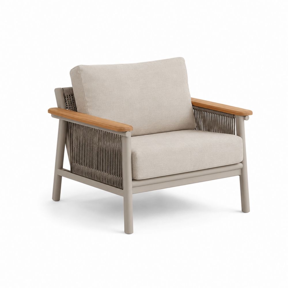 Poltrona da Esterno in Alluminio e Corda con Braccioli in Teak