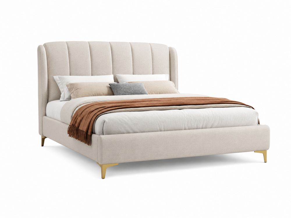 Letto matrimoniale in tessuto beige con testiera alta