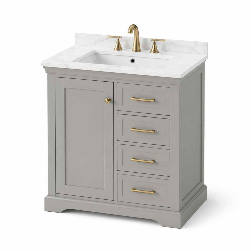 Mobile Lavabo Singolo in Legno con Piano in Marmo Bianco e Maniglie in Ottone, 81cm