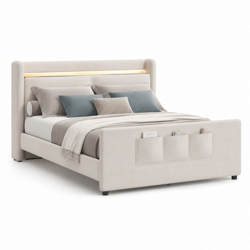 Letto piattaforma in tessuto con LED e tasche, Beige, 200x160 cm