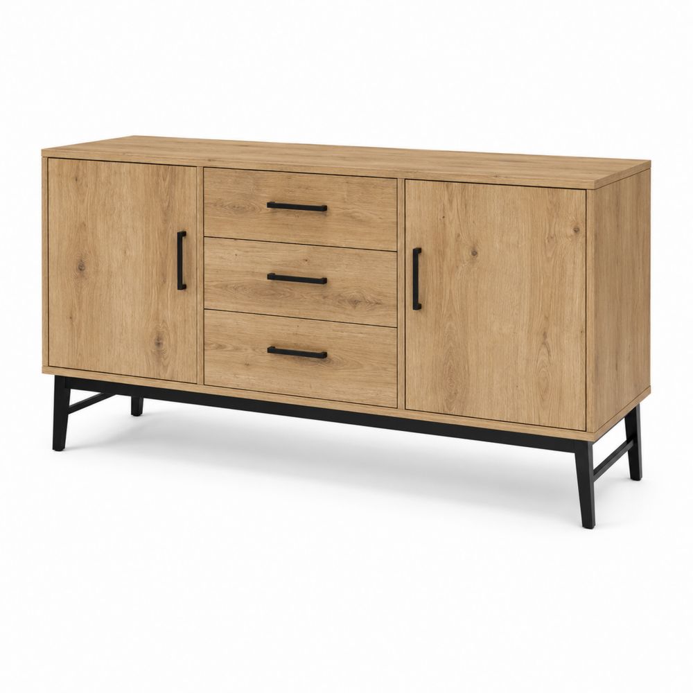 Credenza in Legno con Ante e Cassetti in Metallo Nero