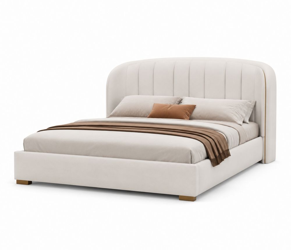 Letto matrimoniale con testiera imbottita in tessuto beige 200x180 cm