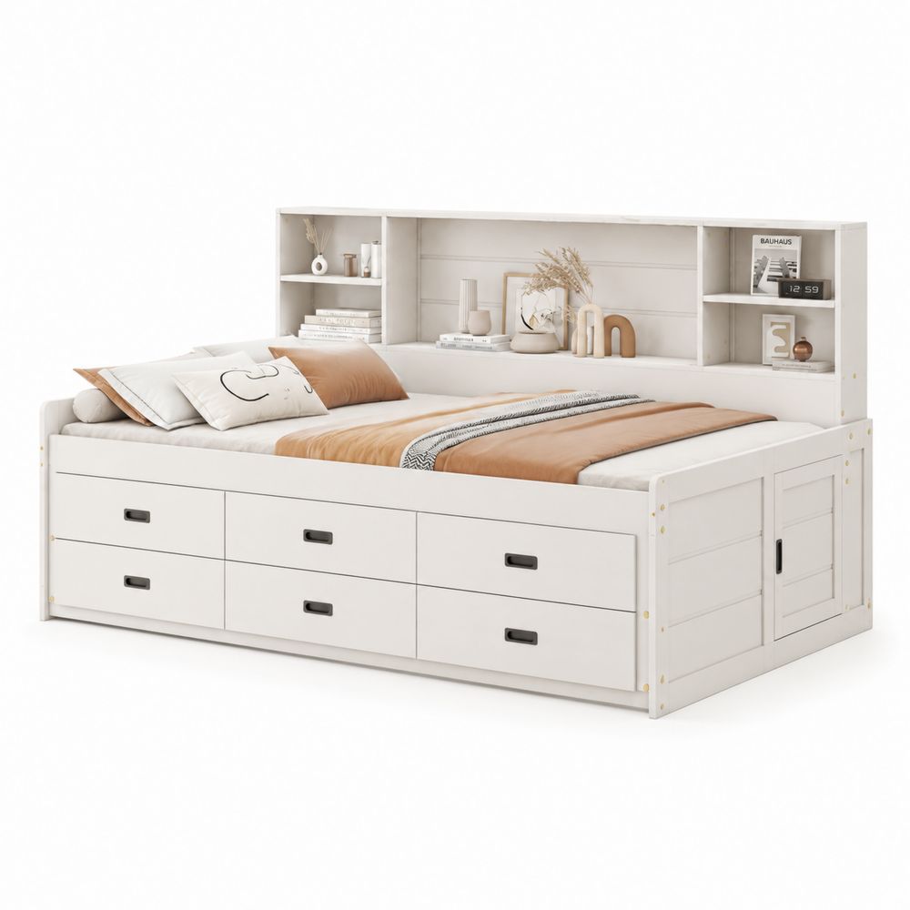Letto Singolo Contenitore in Legno Bianco con Cassetti e Ripiani