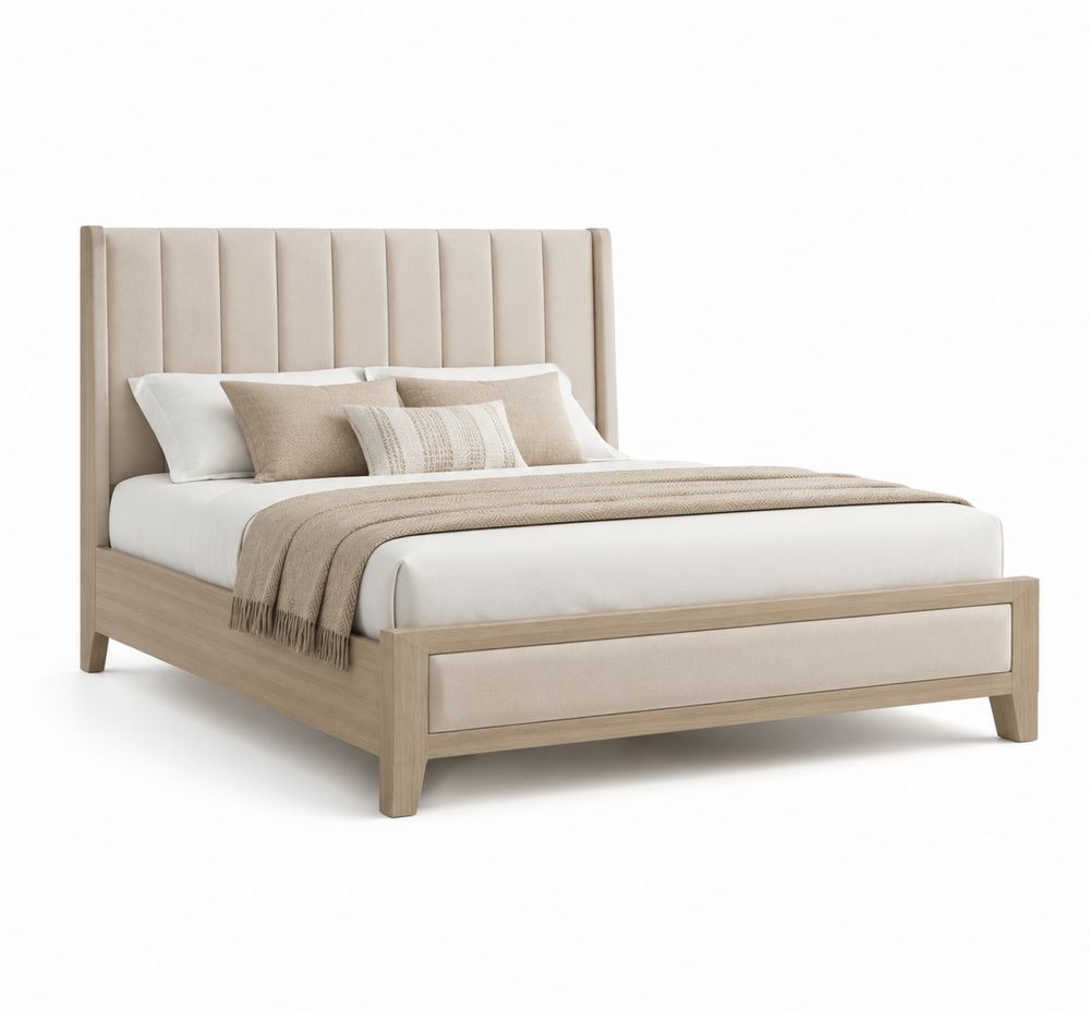 Letto matrimoniale in legno e tessuto beige con testiera imbottita