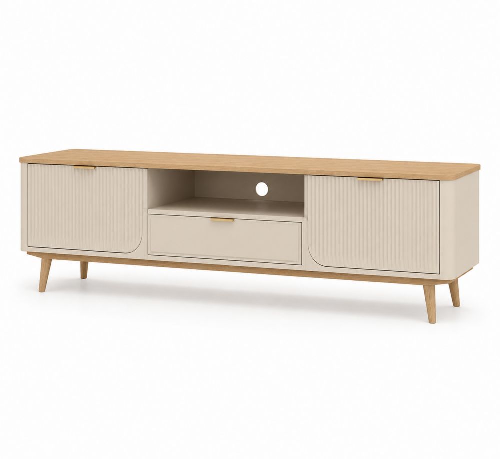 Mobile TV in Legno Compensato con Armadietti e Cassetto, Rovere Chiaro e Crema