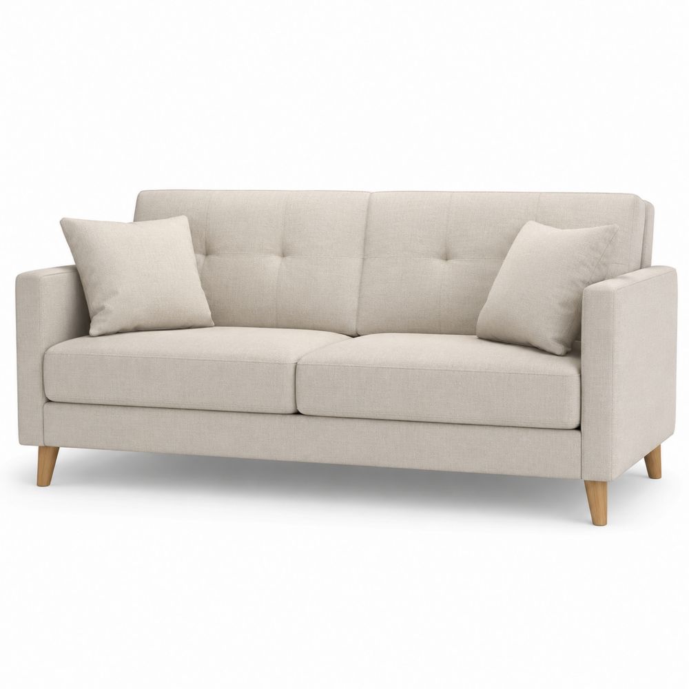 Divano a 3 posti in tessuto beige con cuscini