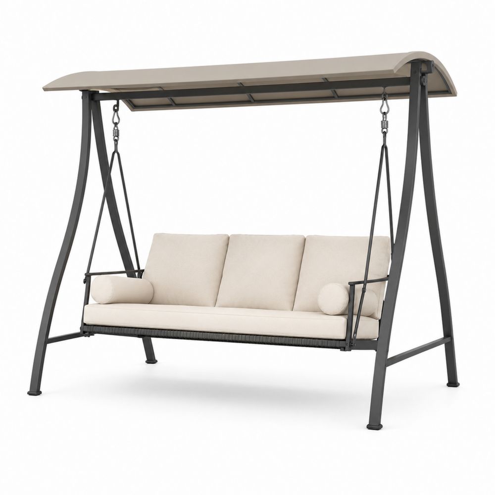 Dondolo da giardino in acciaio con cuscini in tessuto beige